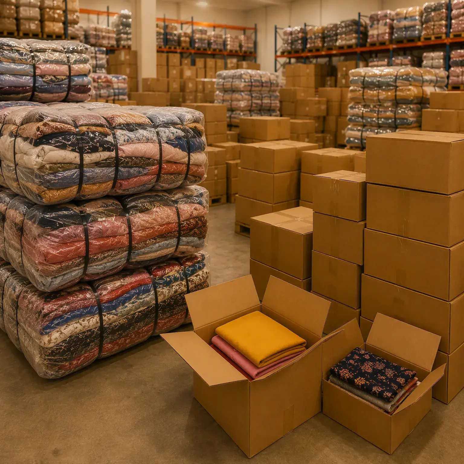 Bal pakaian dan tumpukan kardus stok fashion volume besar