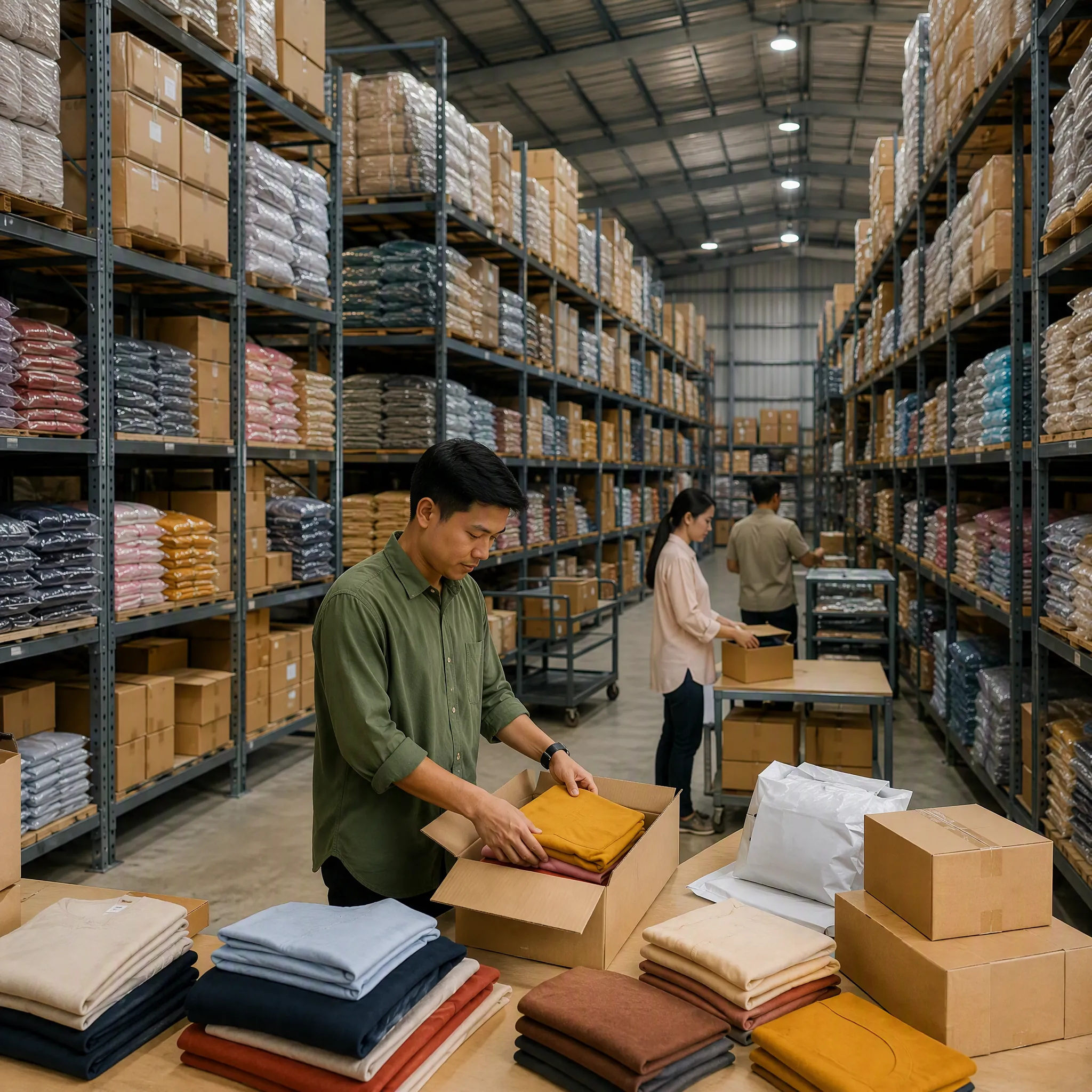 Gudang fashion Lamonte - rak tinggi penuh stok pakaian, kardus, dan bal