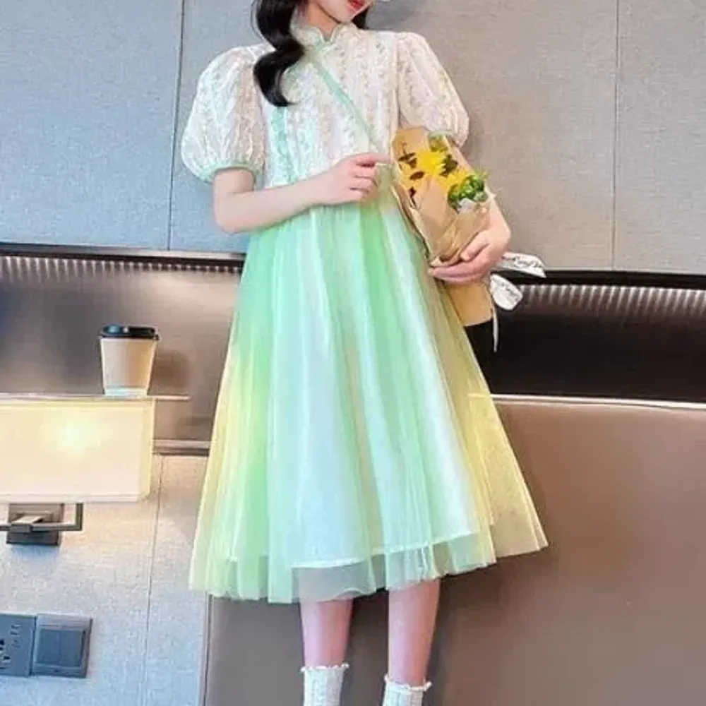 Dress Girl Soft Green Flowers