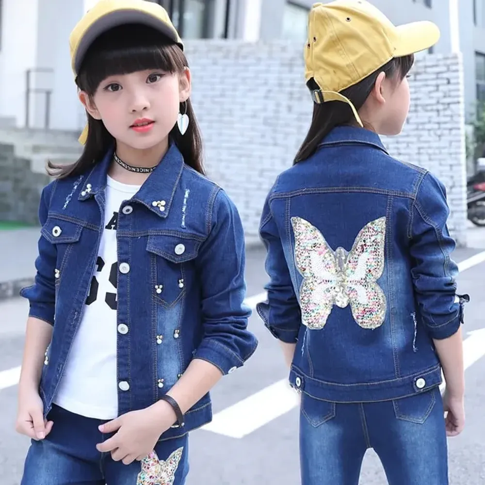 Set Girls Denim Butterfly Sequin Embroidered