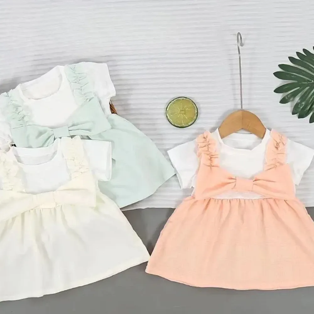 Dress Girls Plain Color Ribbon Sweet