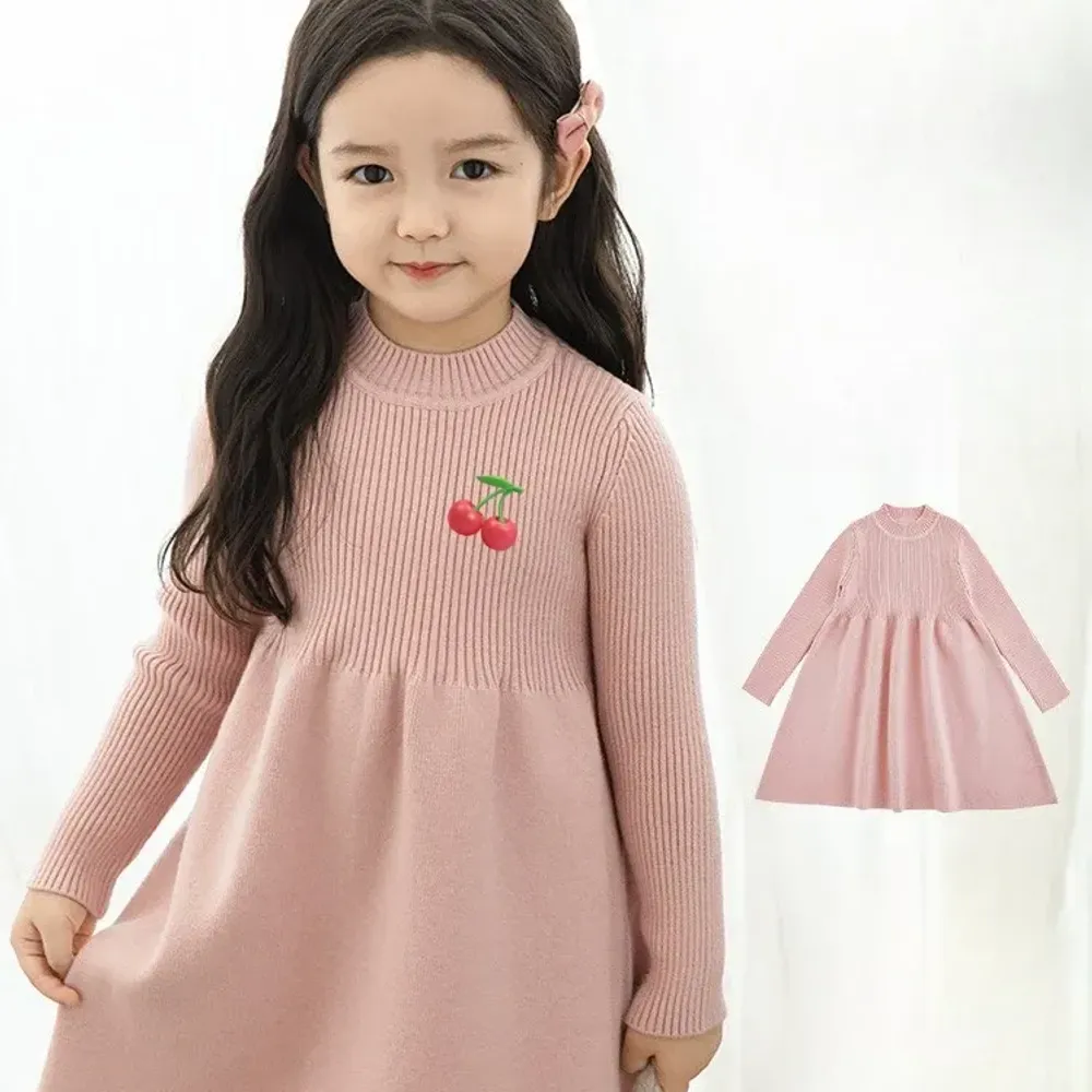 Dress Girls Woolen Knitted Pleated Cherry