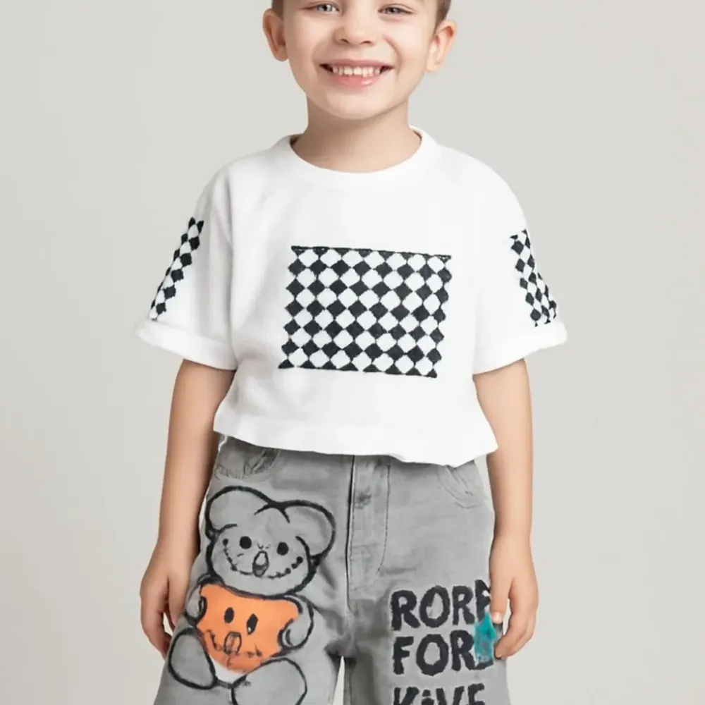 Set Boy Tartan Denim Bear