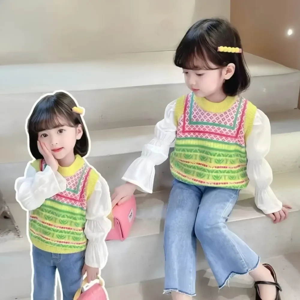 Set Girls Trumpet Sleeves Colorful Vest