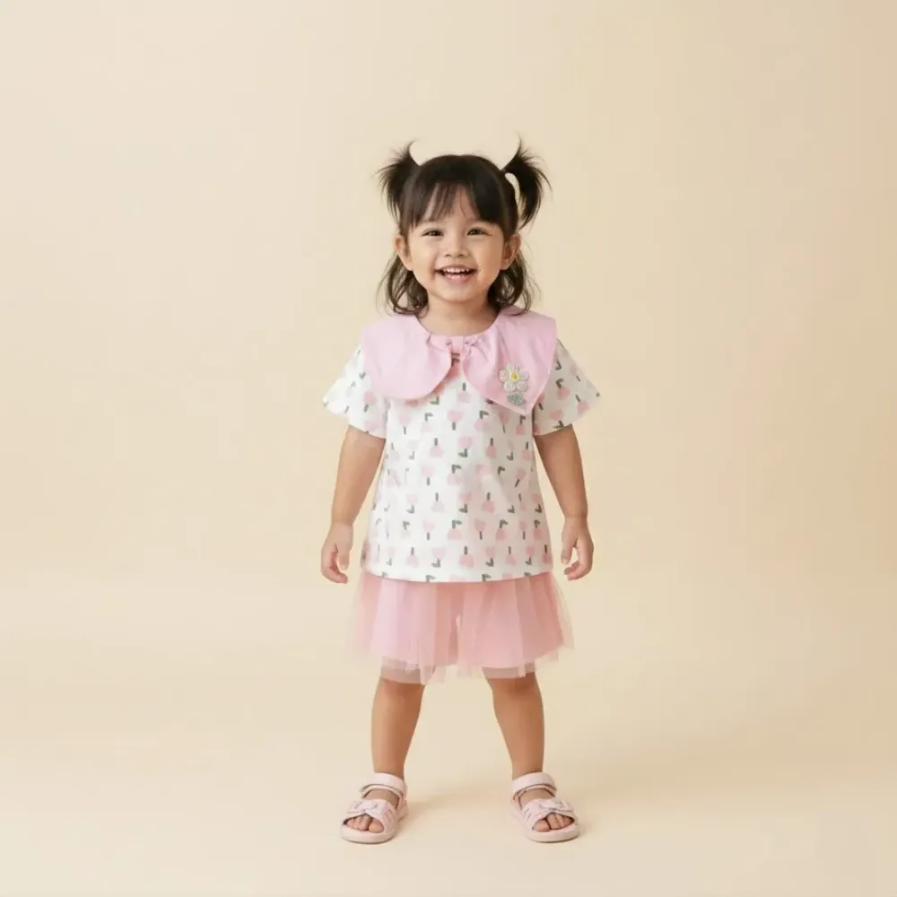 Setelan Pattern Flowery Smile Pompom