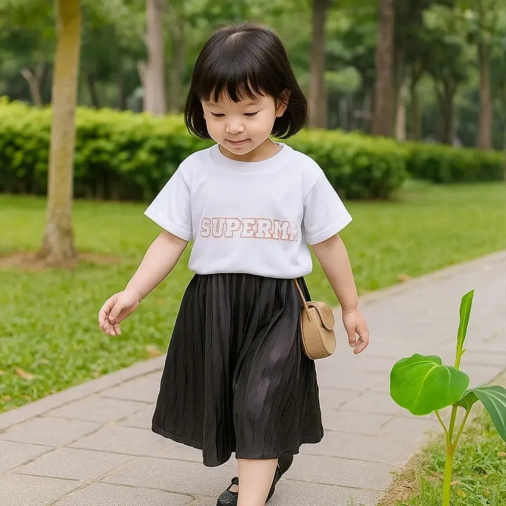 Set Girls Supermm Text Pleated Bottom Skirt