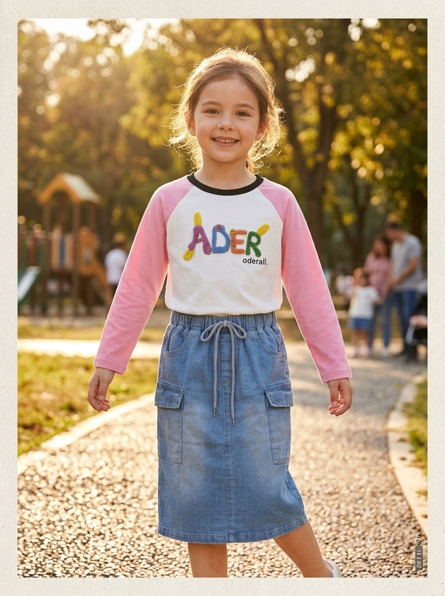 Setelan Anak Perempuan Korean Style Rok Denim Cargo Import Lembut โ tampilan lain
