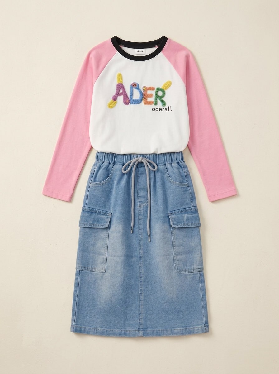 Setelan Anak Perempuan Korean Style Rok Denim Cargo Import Lembut