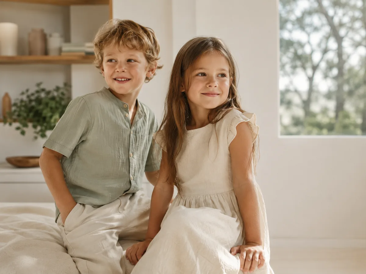 Premium kidswear lifestyle â€” children in soft neutral clothing in natural daylight