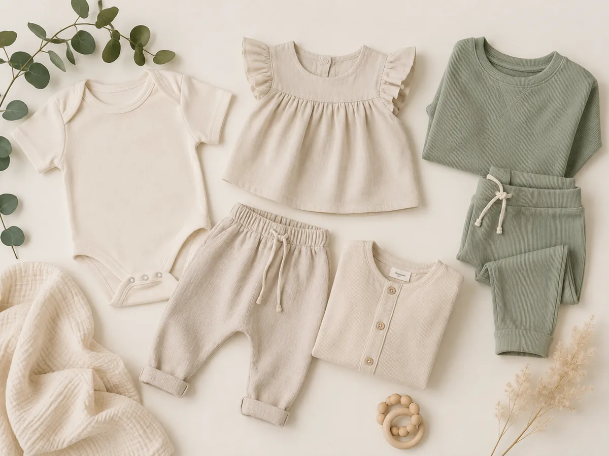 Premium babywear flat lay in neutral tones
