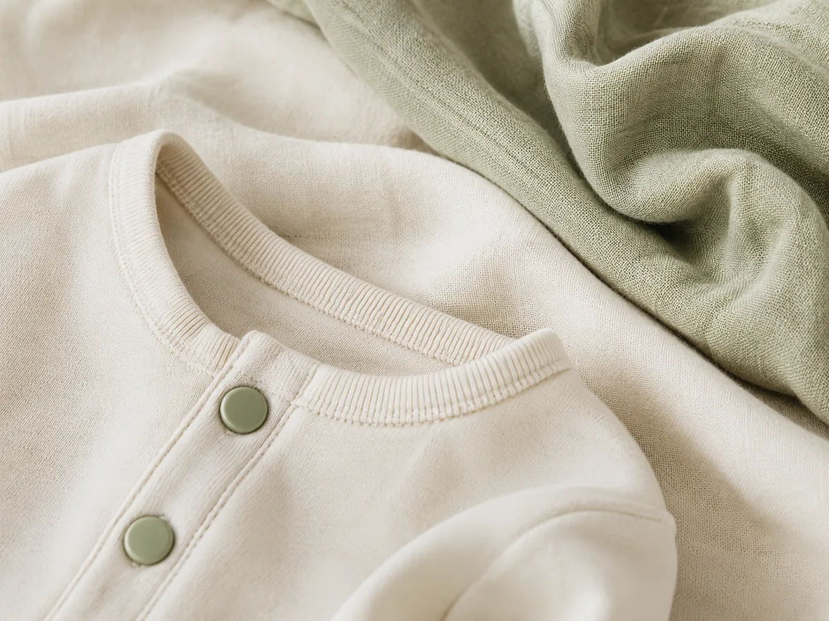 Organic cotton fabric texture â€” cream cardigan close-up with sage muslin