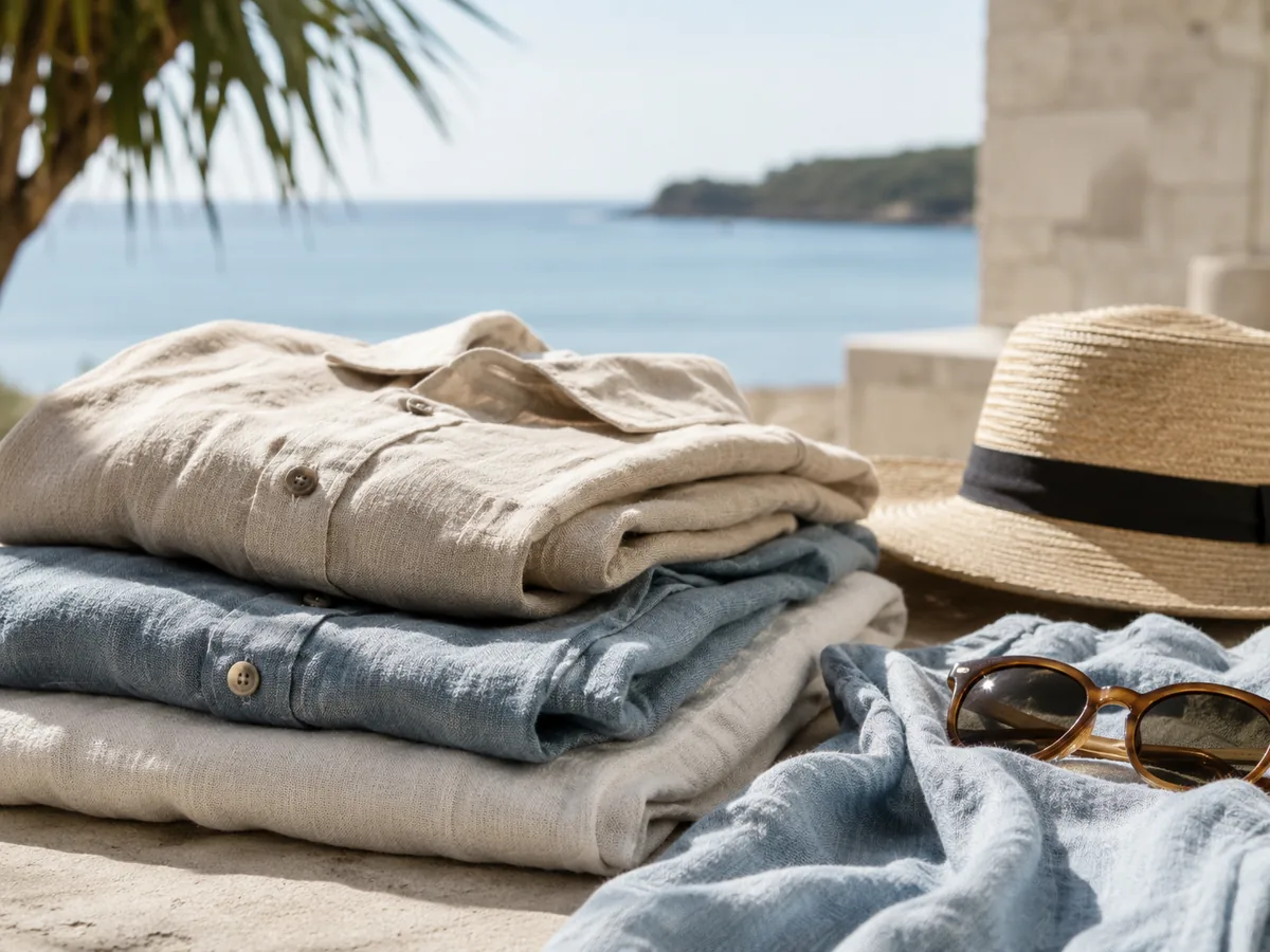 Coastal resort mood â€” linen stack with sun hat and sunglasses