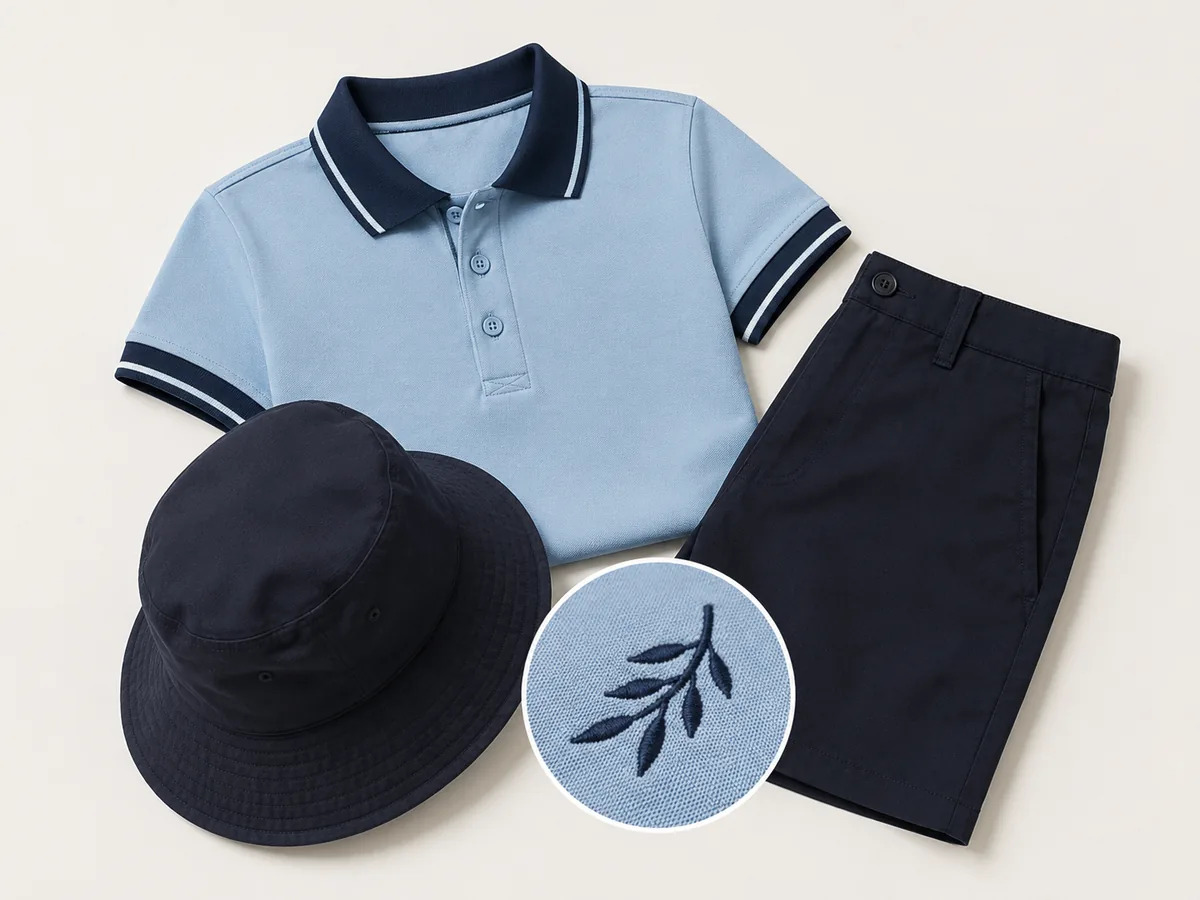 School uniform set â€” blue polo, navy shorts and bucket hat