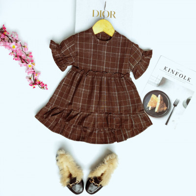 dress full brown wrinkle tartan-dress anak perempuan (Only 3pcs)