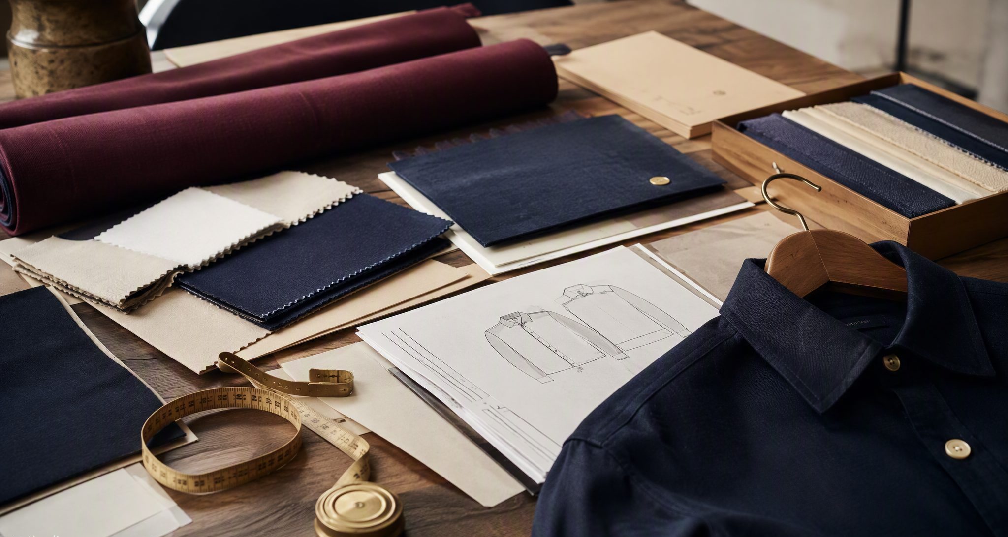 Apparel development studio with fabric swatches, specification sheets and a tailored navy shirt
