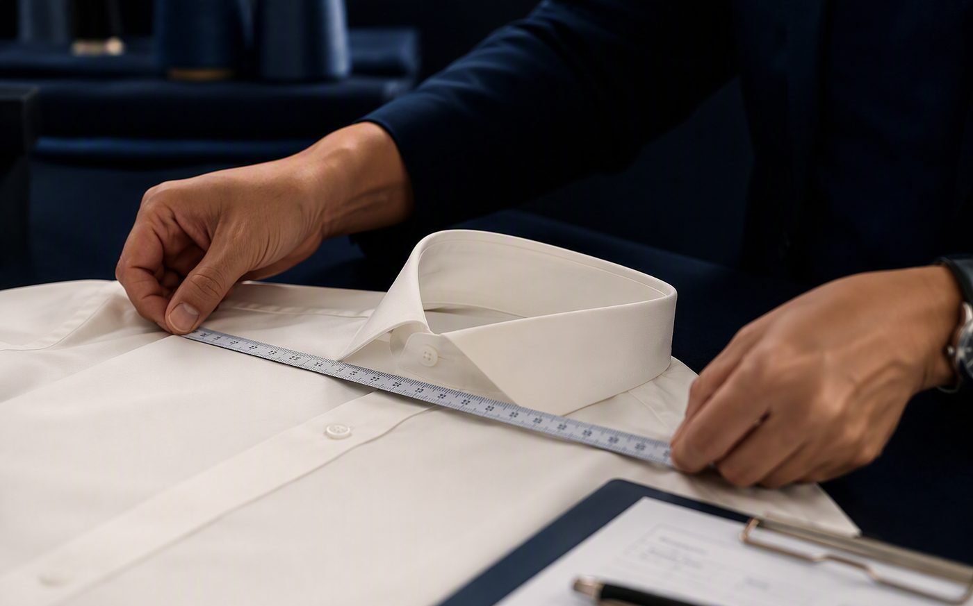 Garment quality inspection with measuring tape and specification checklist