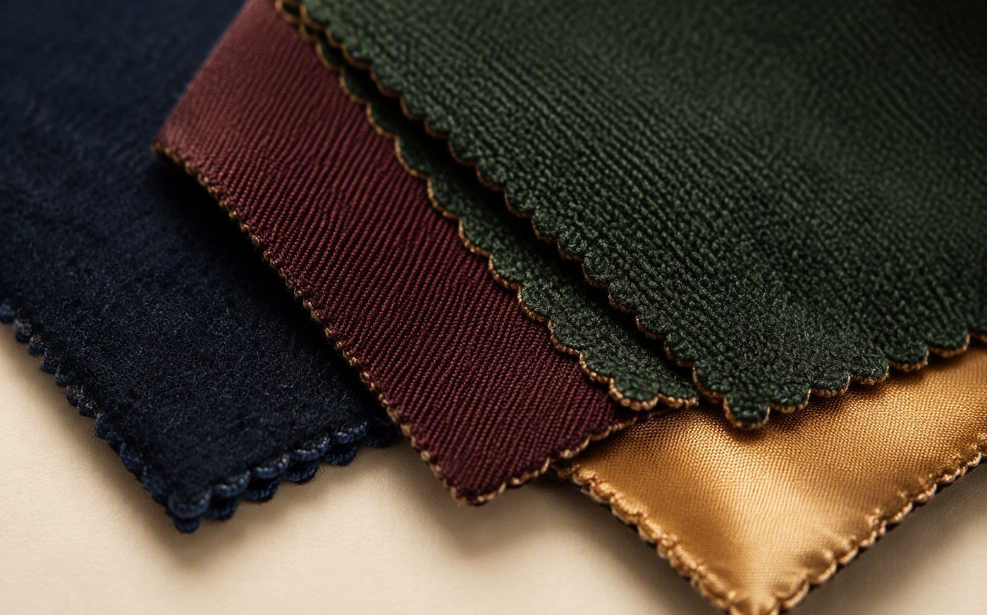 Fabric swatches in navy, burgundy, forest green and muted gold